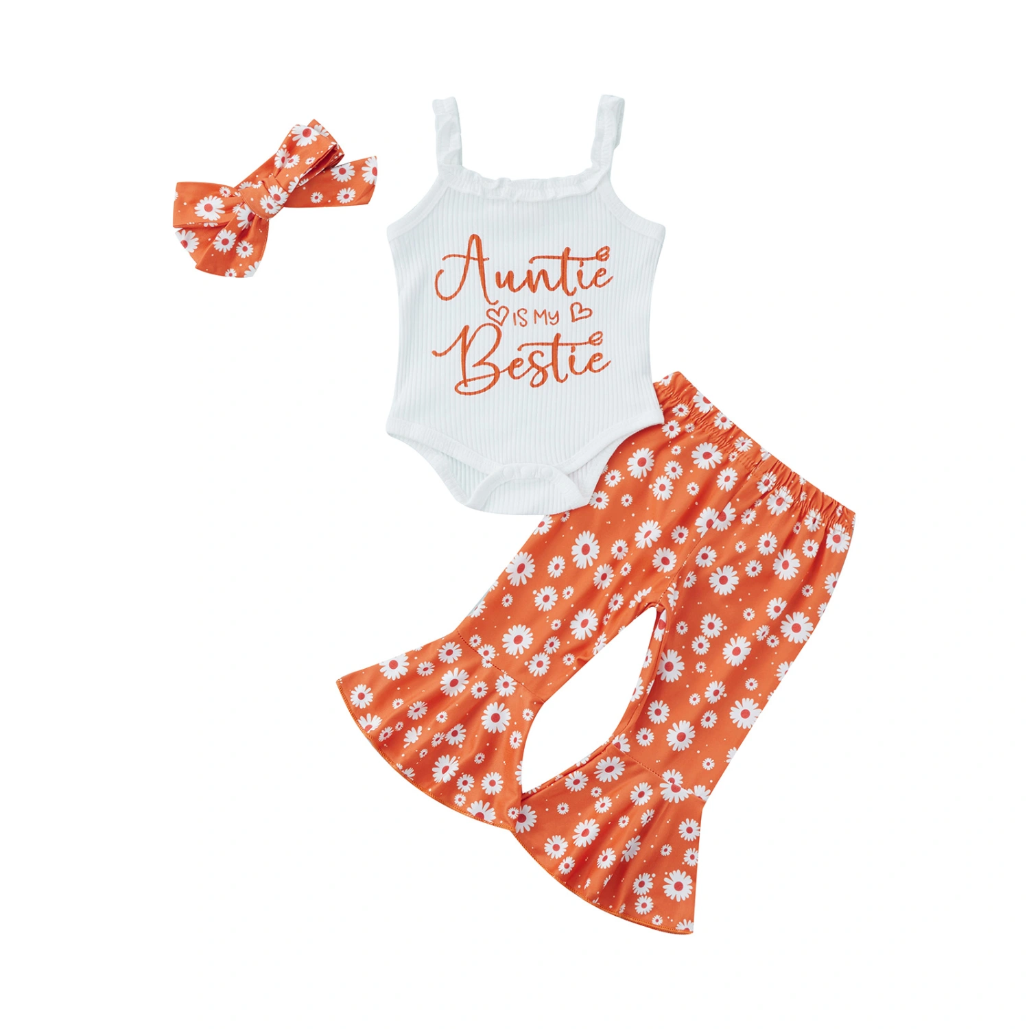 3Pcs Baby Girl Summer Outfits, Letter Romper + Flare Pants + Headband