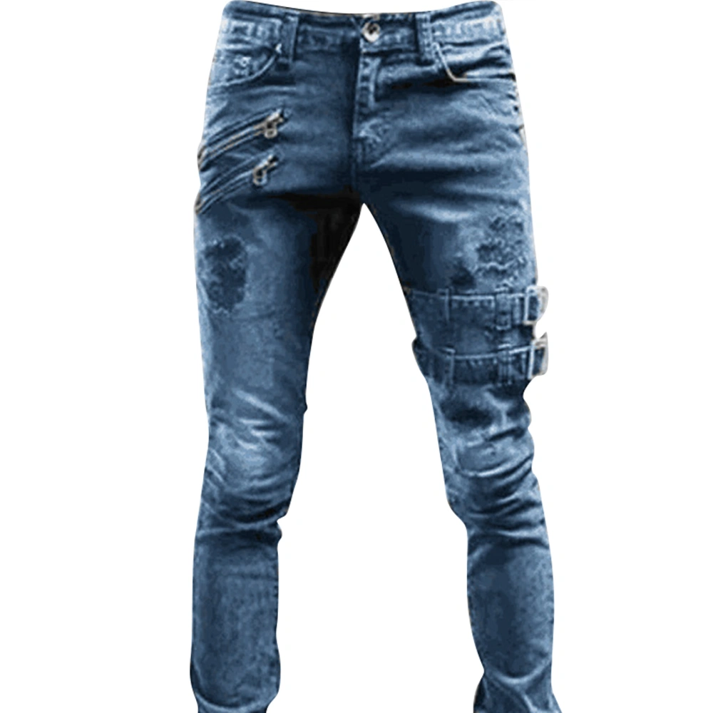 Men’ s Contrast Color High Waist Jeans with Zipper and Buckle Decors