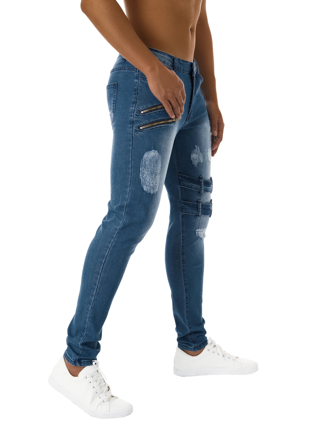 Men’ s Contrast Color High Waist Jeans with Zipper and Buckle Decors
