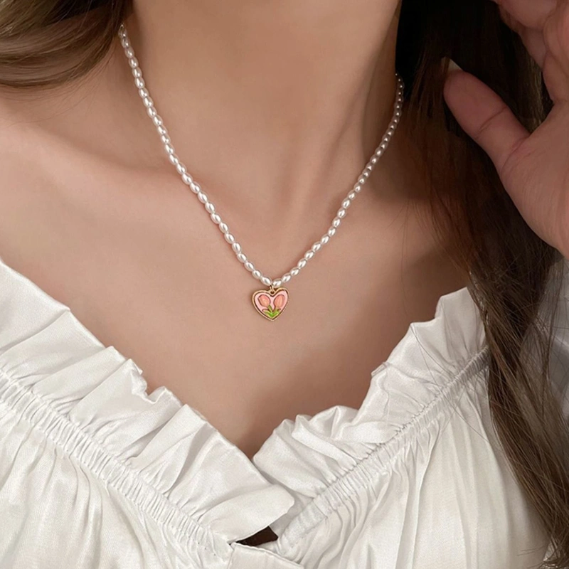 Women Necklace, Artificial Pearl Tulip Pendant Clavicle Chain Jewelry