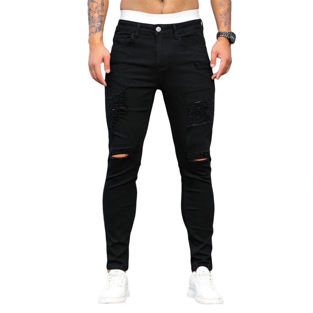 Men Skinny Ripped Denim Pants, Low Rise Solid Color Tapered Leg Jeans