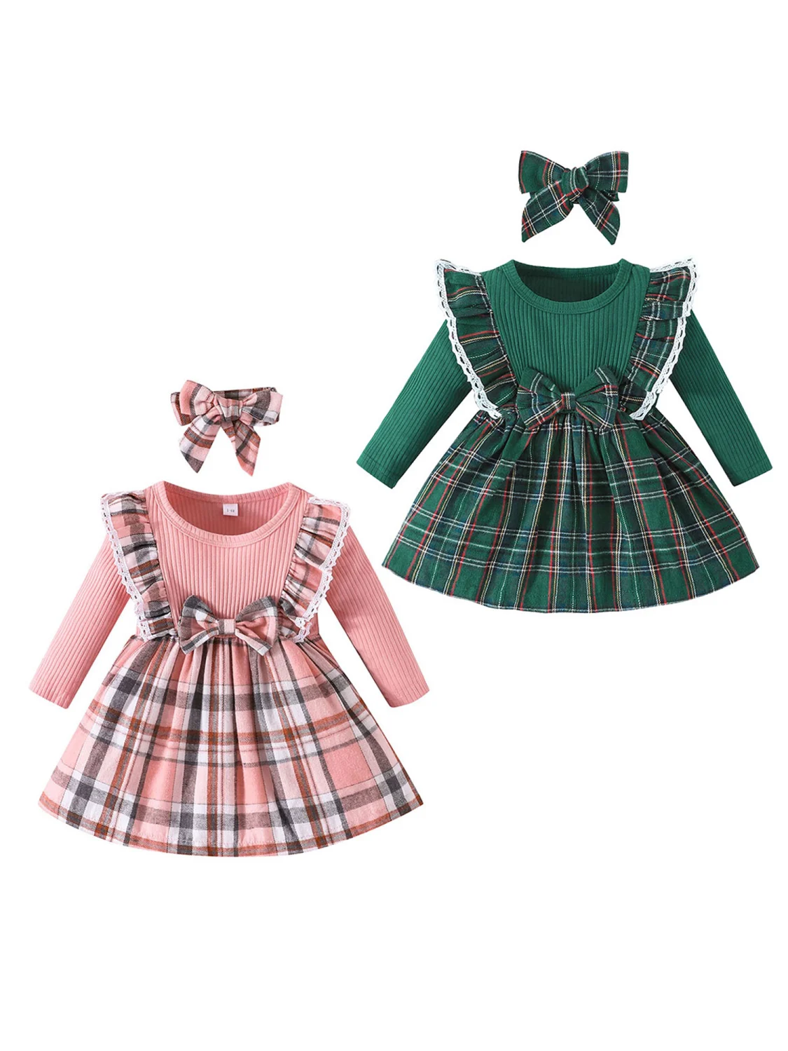 Baby Girls Dress Christmas Clothes Plaid Dress with Headband