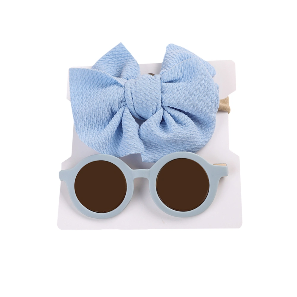 Kids Anti-UV Round Dark Glasses+ Solid Color Bowknot Hair Band