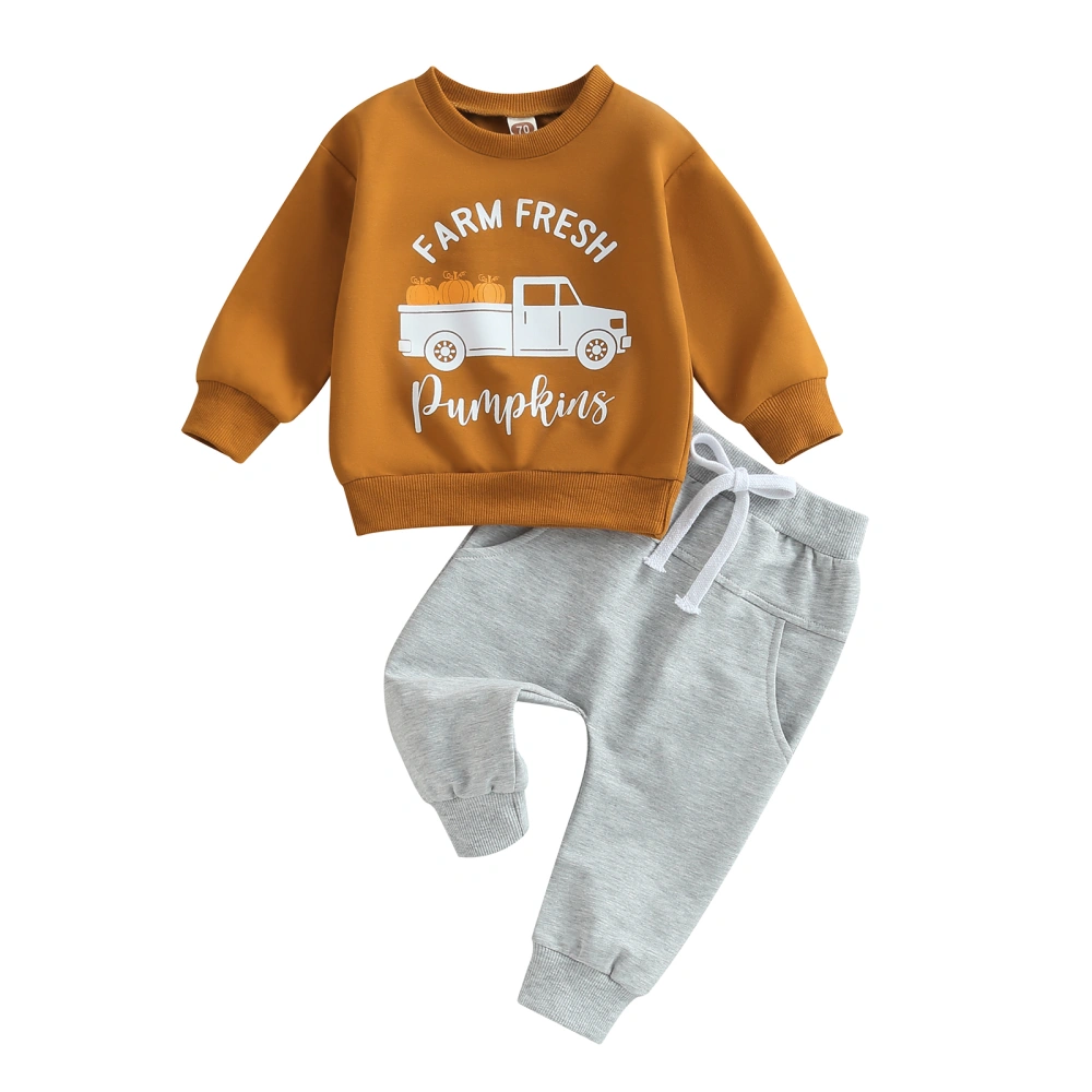 Boys Long Sleeve Letter Pumpkin Print Tops and Drawstring Pants Sets