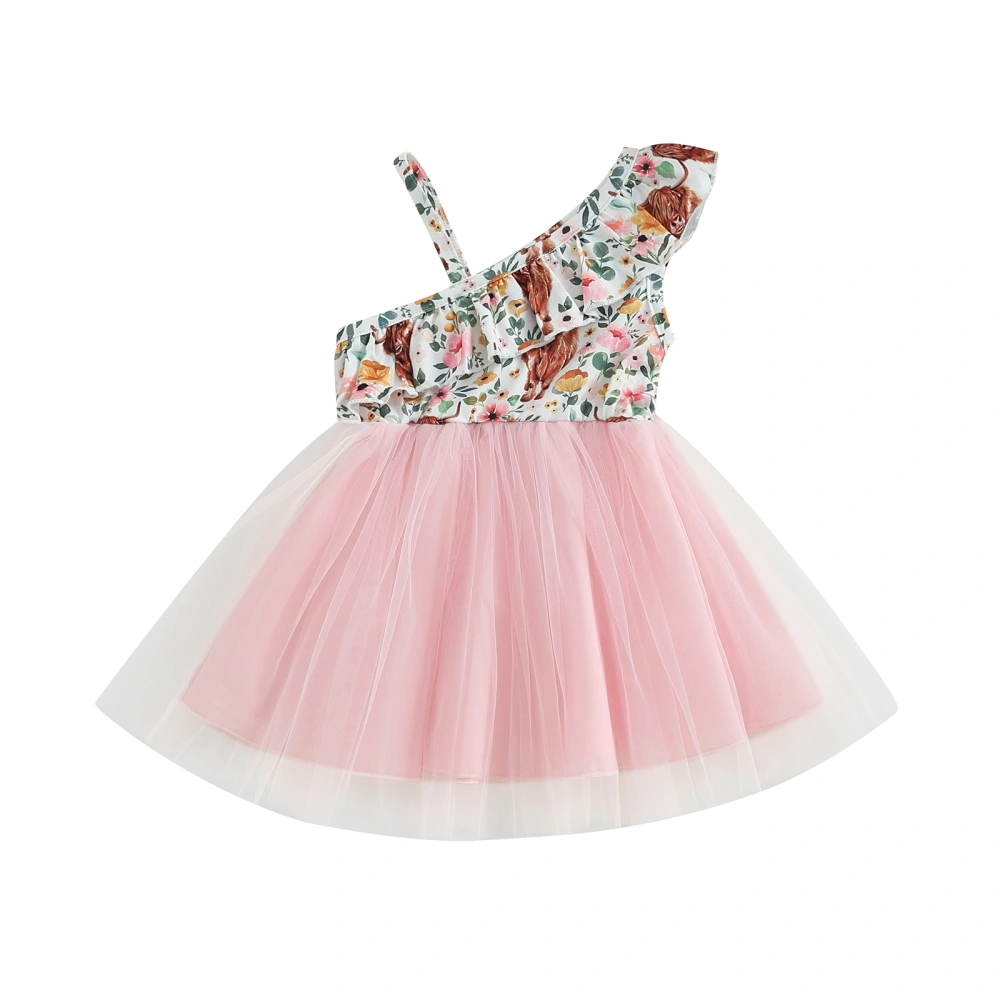 Girls A-line Dress, Sleeveless Flower Cow Print Summer Tulle Dress