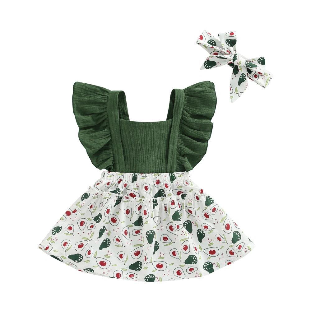 Girls Princess Dress Avocado Ruffled Fly Sleeves Dress + Hairband 