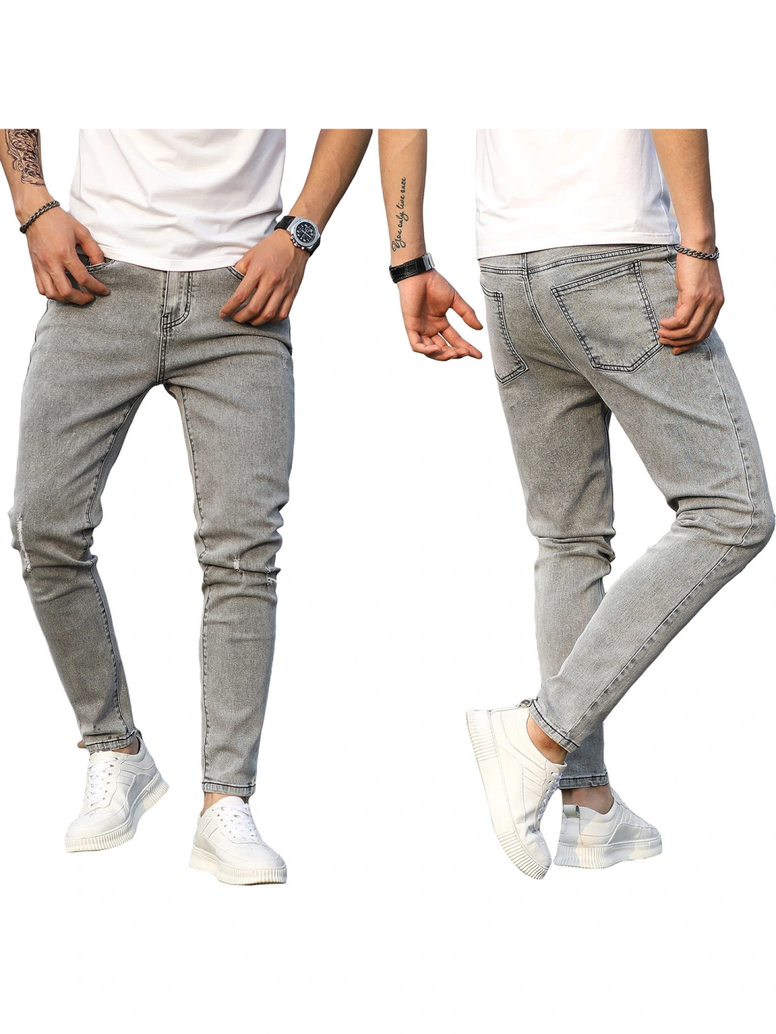 Men's Skinny Ripped Denim Pants, Mid Rise Tapered Leg Stretch Jeans