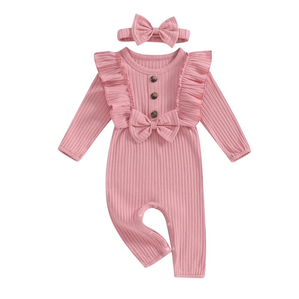 Baby Girl 2Pcs Fall Outfits Long Sleeve Bow Front Romper with Headband