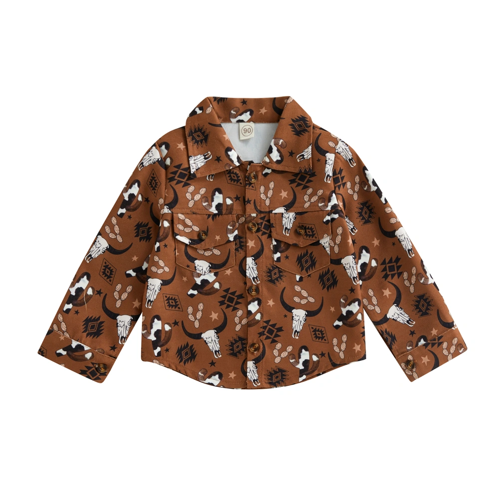 Kids Girls Boys Shirts Cattle Head Print Turn-Down Collar Blouses