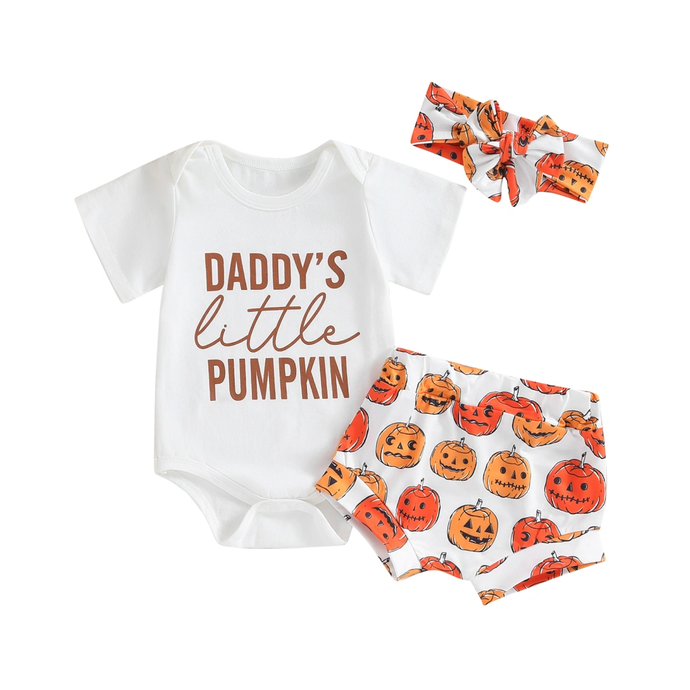 Baby Girls 3PCS Shorts Sets White Short Sleeve Letter Print Romper Pumpkin/Floral/Skull Head Print Shorts Headband Sets