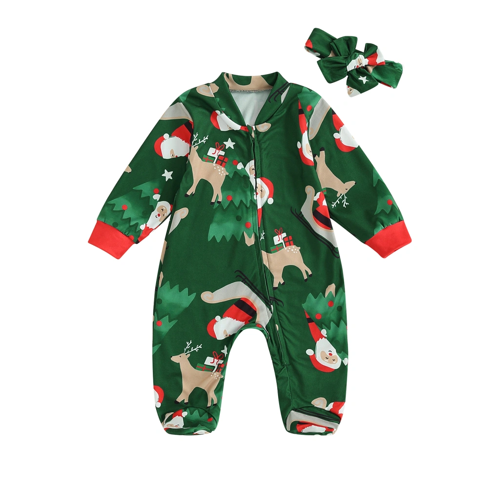 Baby Santa Claus Print Long Sleeve V-Neck Zipper Romper Headband