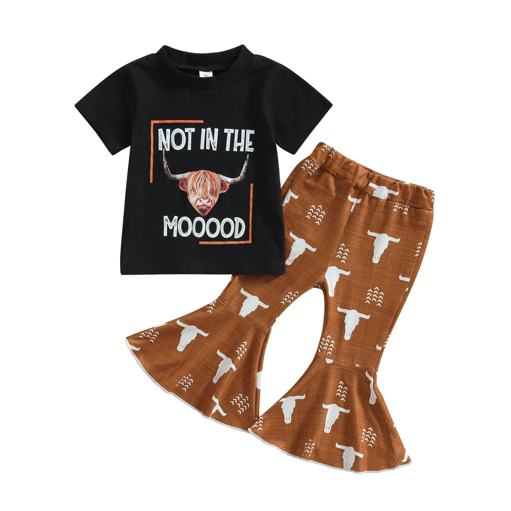 Girls Pants Set, Letters Print T-shirt + Cow Head Flare Pants