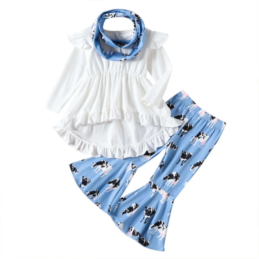 Girls Pants Set Long Sleeve Shirt and Cow Print Flared Pants Headband