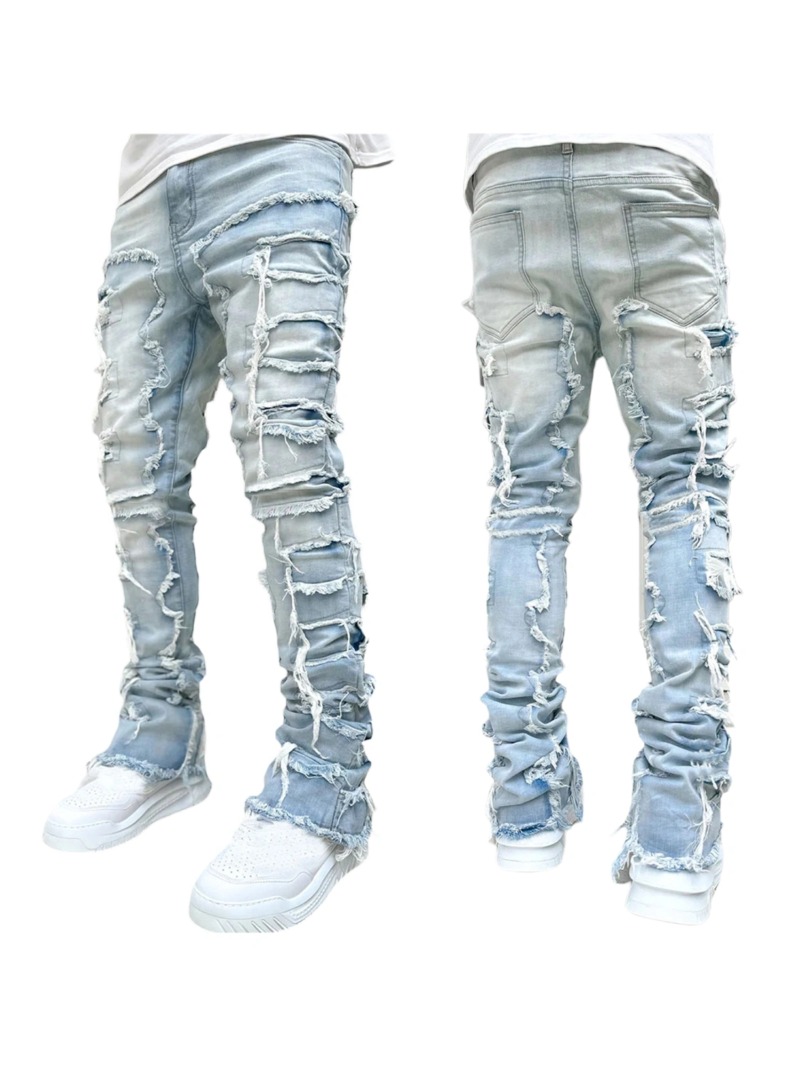 Men's Regular Fit Stacked Jeans Patch Distressed Denim Pants
