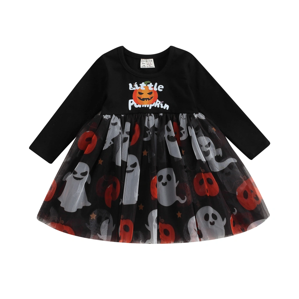 Girl Halloween Dress, Pumpkin/Ghost Print Long Sleeve Tulle Dress