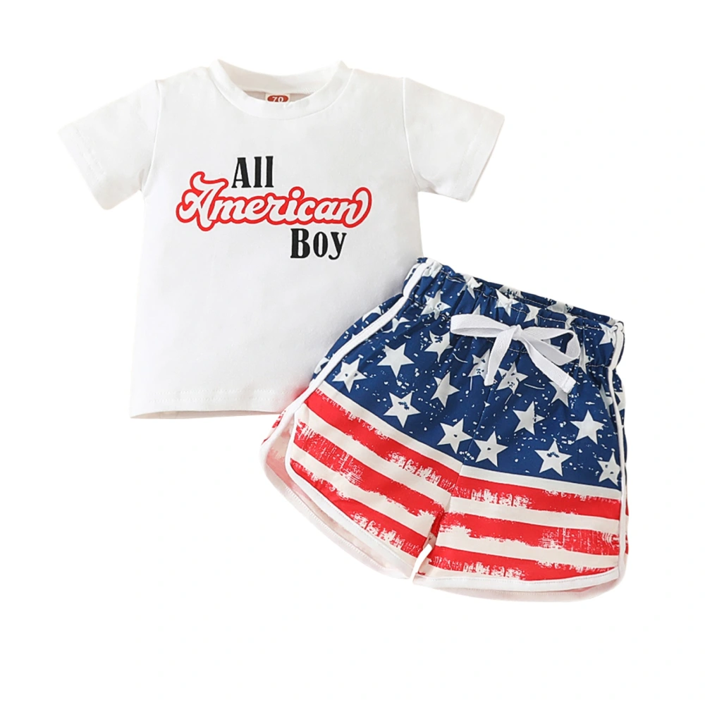 Boys White Short Sleeve Letter Tops + Stars Stripe Drawstring Shorts