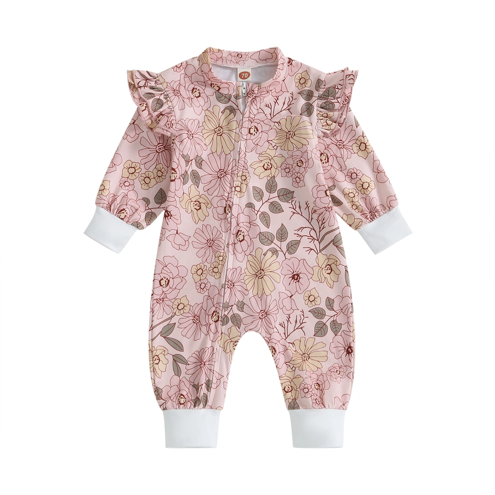 Baby Girls Jumpsuit, Long Sleeve Flower Print Zipped Casual Romper