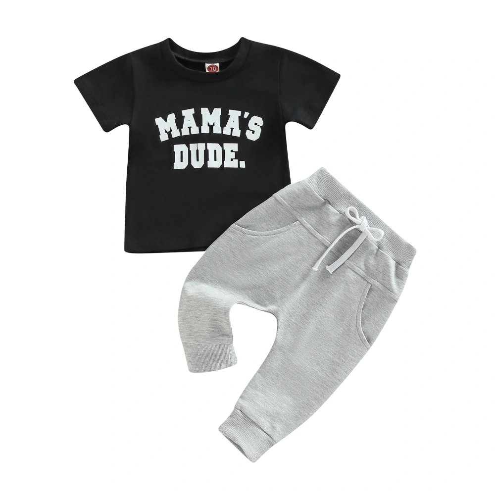 Boy Letter Short Sleeve Round Neck T-Shirt + Solid Color Long Pants