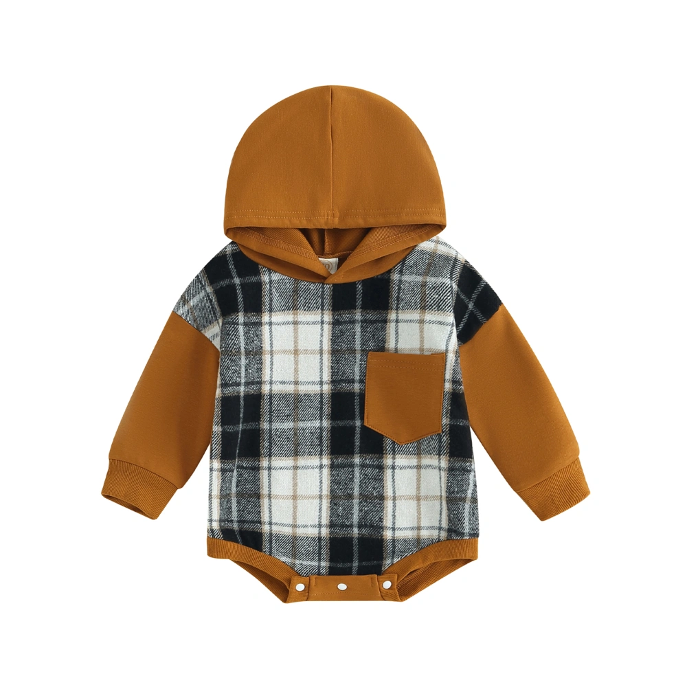 Baby Boys Autumn Long Sleeve Plaid Patchwork Casual Hooded Romper