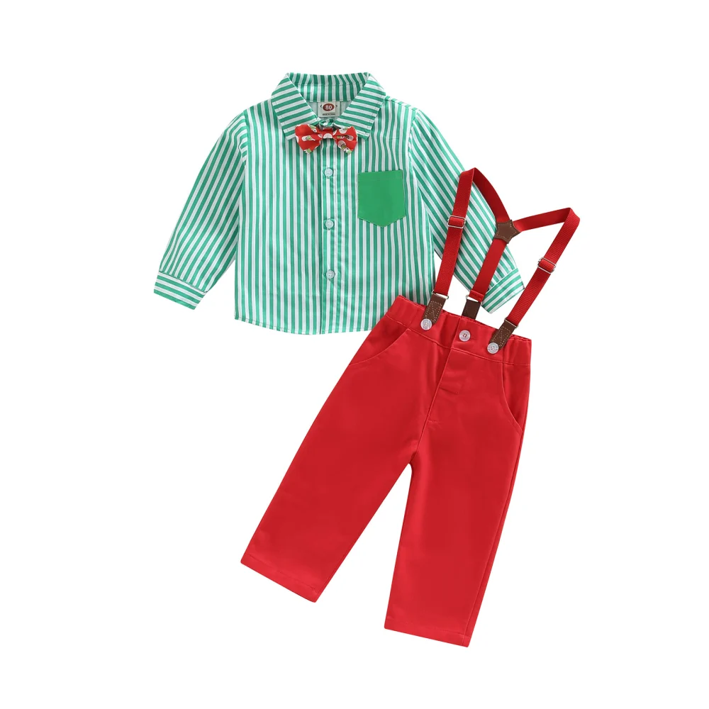 Baby Boys 2 Pieces Outfit, Stripe Bow-Tie Shirts + Suspender Pants