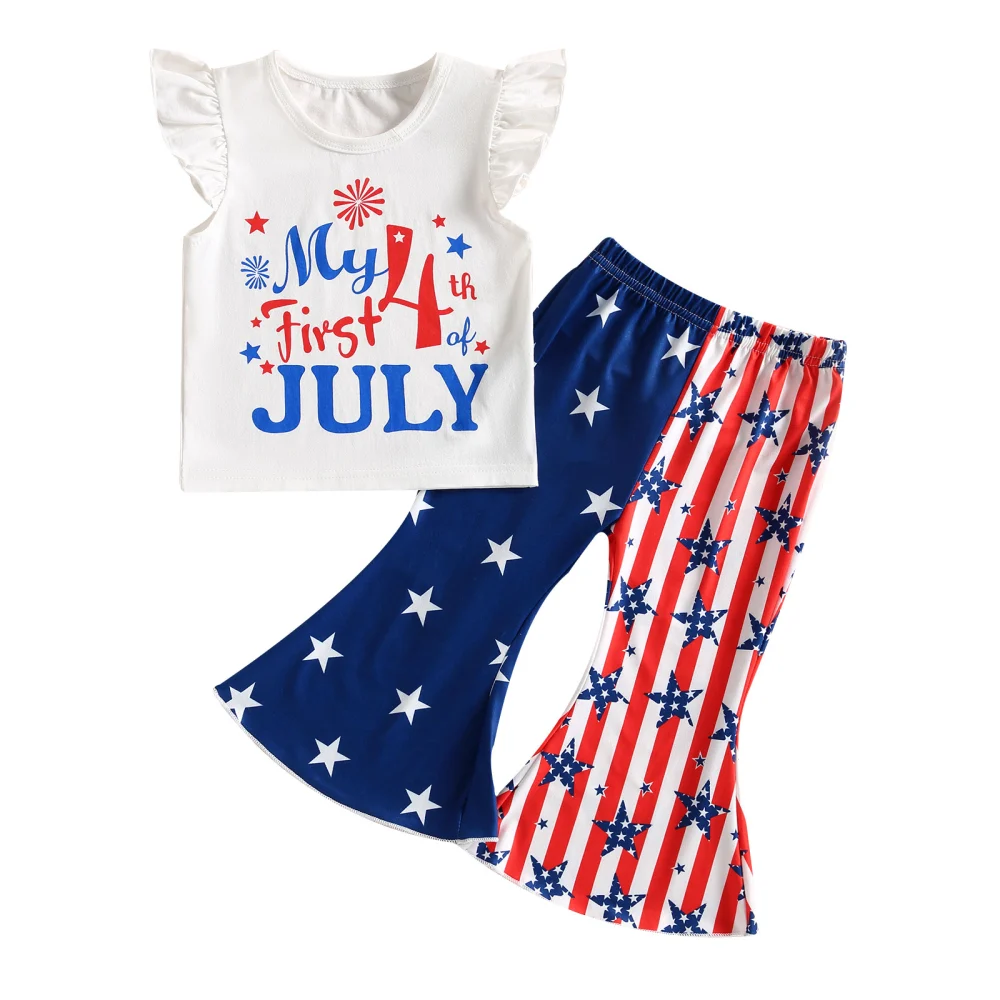 Baby Girls 4th of July Outfits, Fly Sleeve T-Shirt + Flare Pants Set