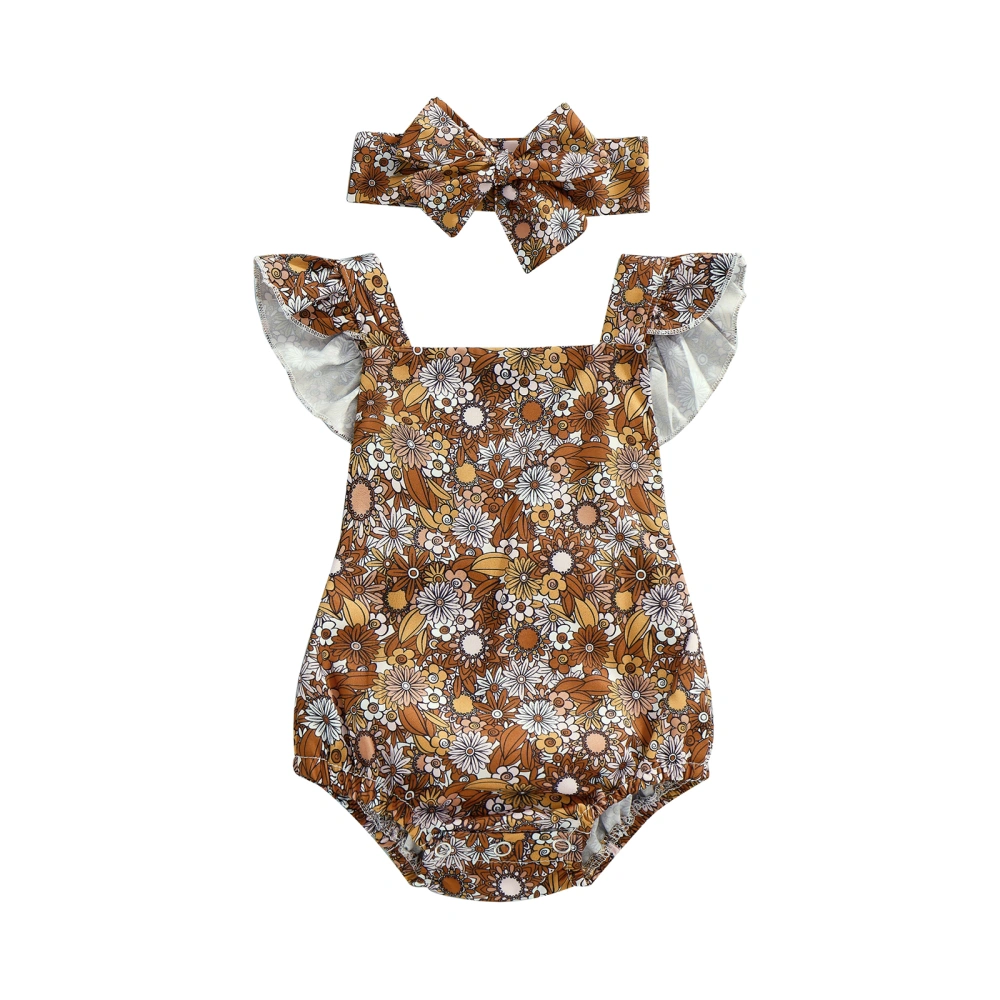 Infant Girl Romper with Headband, Vintage Flower Print Summer Bodysuit