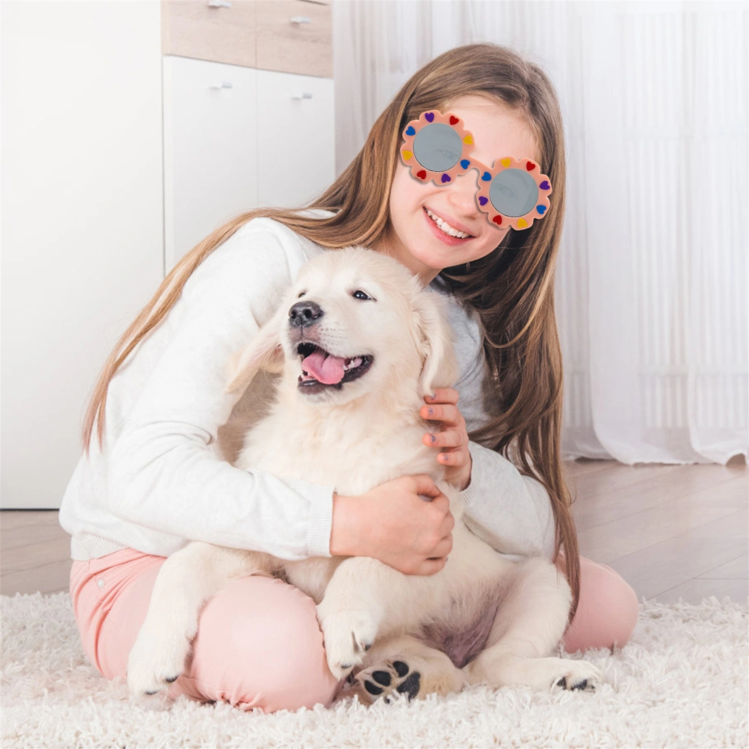 Toddler Round Flower Sunglasses, Anti-UV Sunglasses with Heart Charms