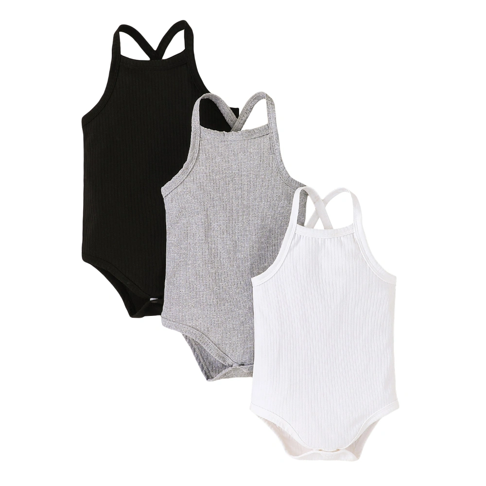 3pcs Baby Girls Romper, Sleeveless Back Cross Summer Infant Bodysuit