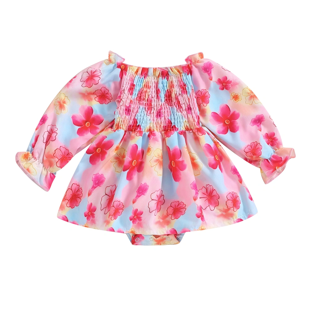 Baby Girls Ruched Romper Dress Floral Print Long Sleeve Jumpsuits