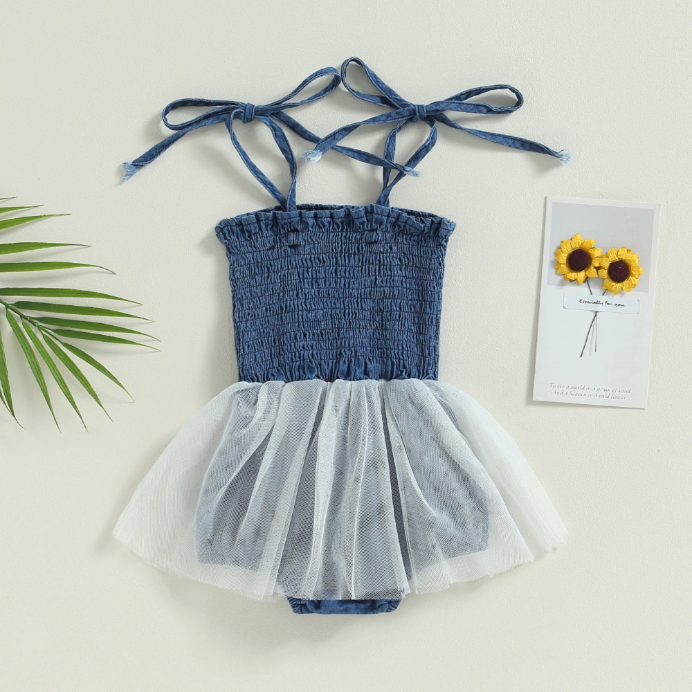 Baby Girl Denim Romper Sleeveless Tie Shoulder Romper Mesh Dress