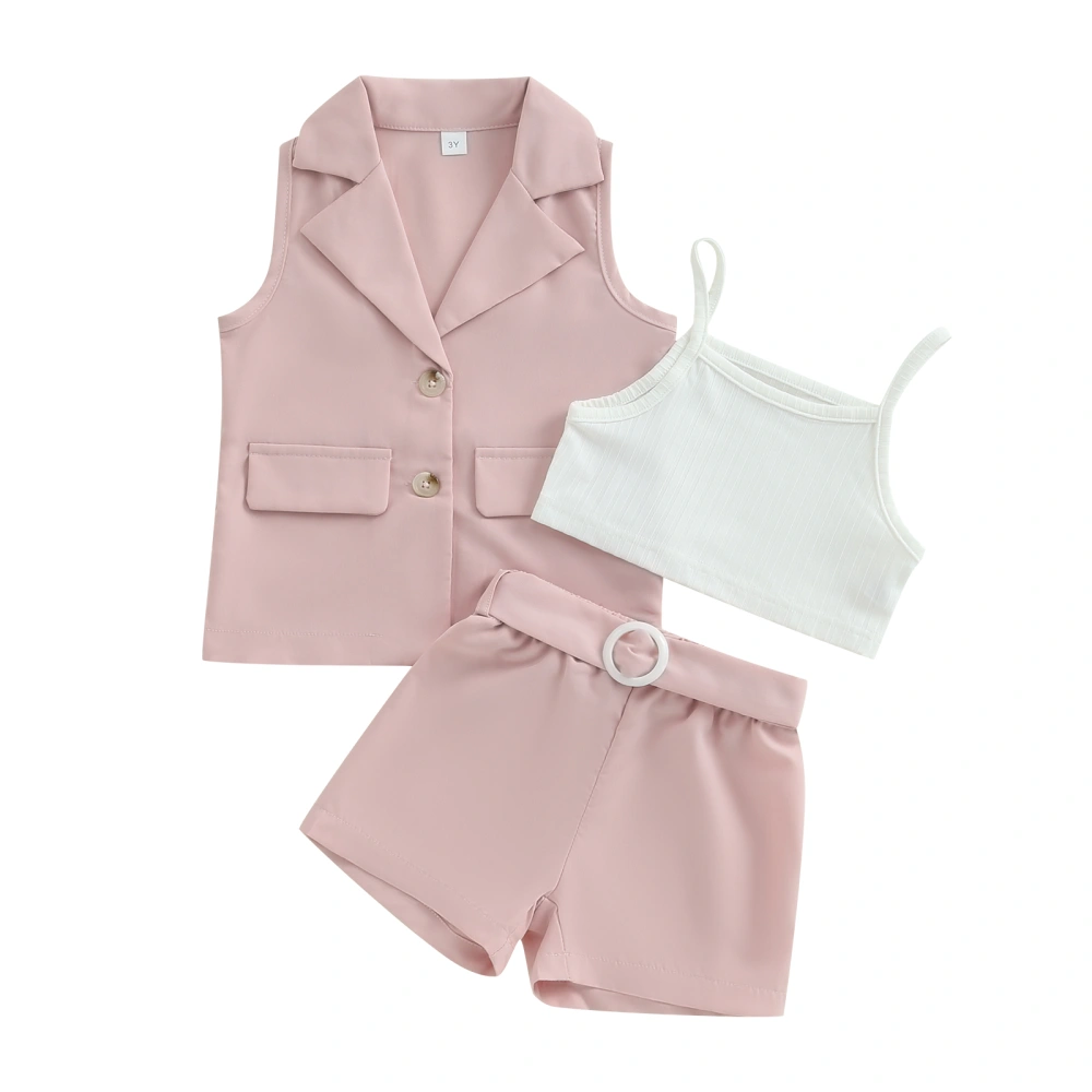 Girl Summer Outfits, Sleeveless Blazer + Cami Tops + Belted Shorts Set