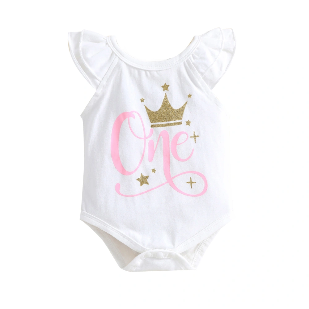 Baby Girls Summer Romper, Letters Crown Pattern Ruffle Sleeve Jumpsuit