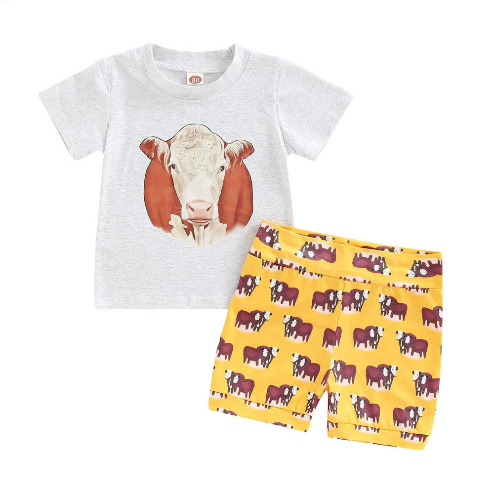 Baby Boy’s Cow Print Round Neck Short Sleeve Tops and Short Pants Set