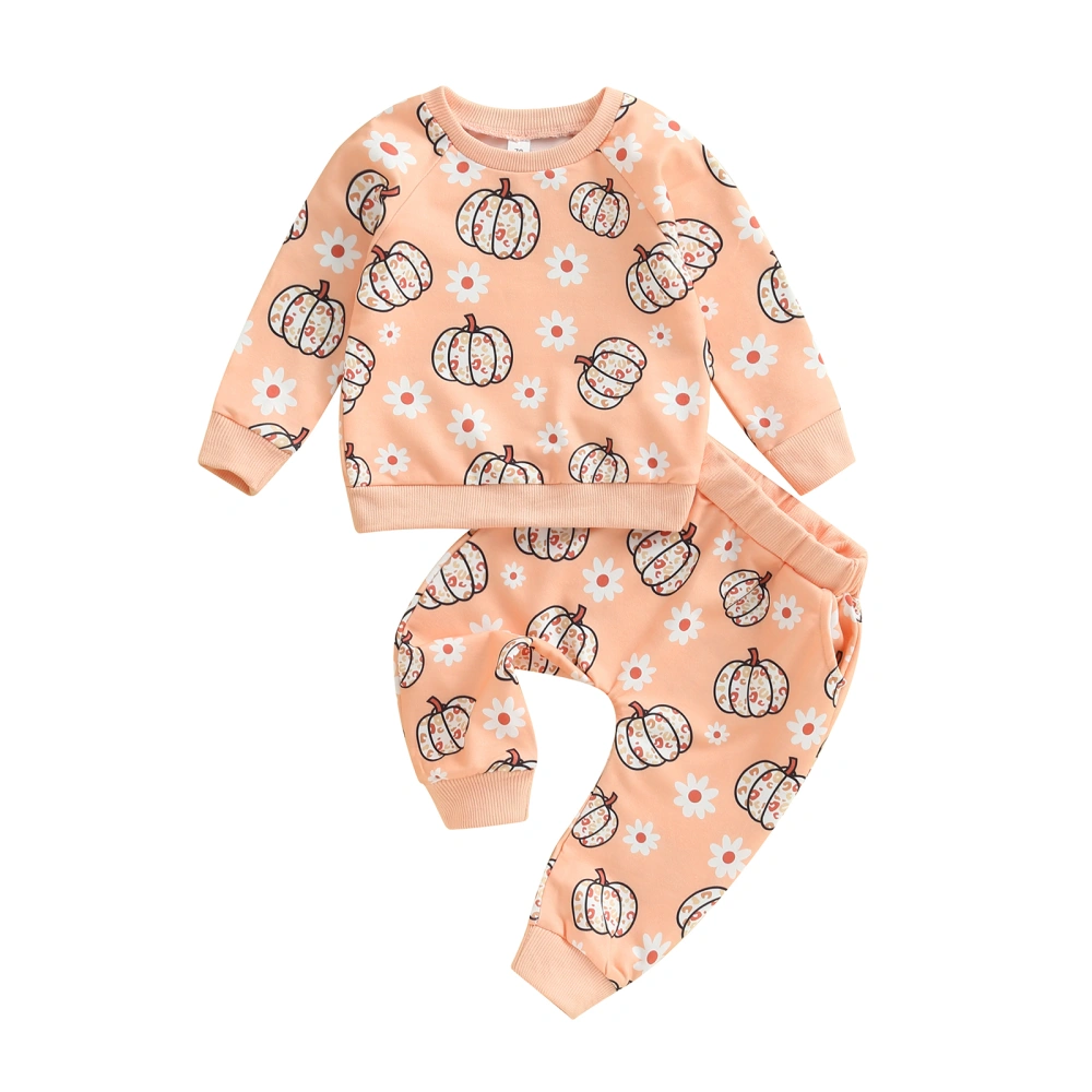 Baby Girl Fall Outfit Flower Pumpkin Print Sweatshirts Long Pants