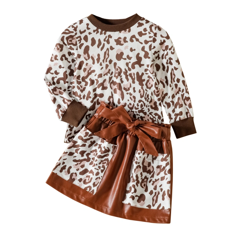 Kid Girl Leopard Print Long Sleeve Pullover + Mini Skirt with Belt