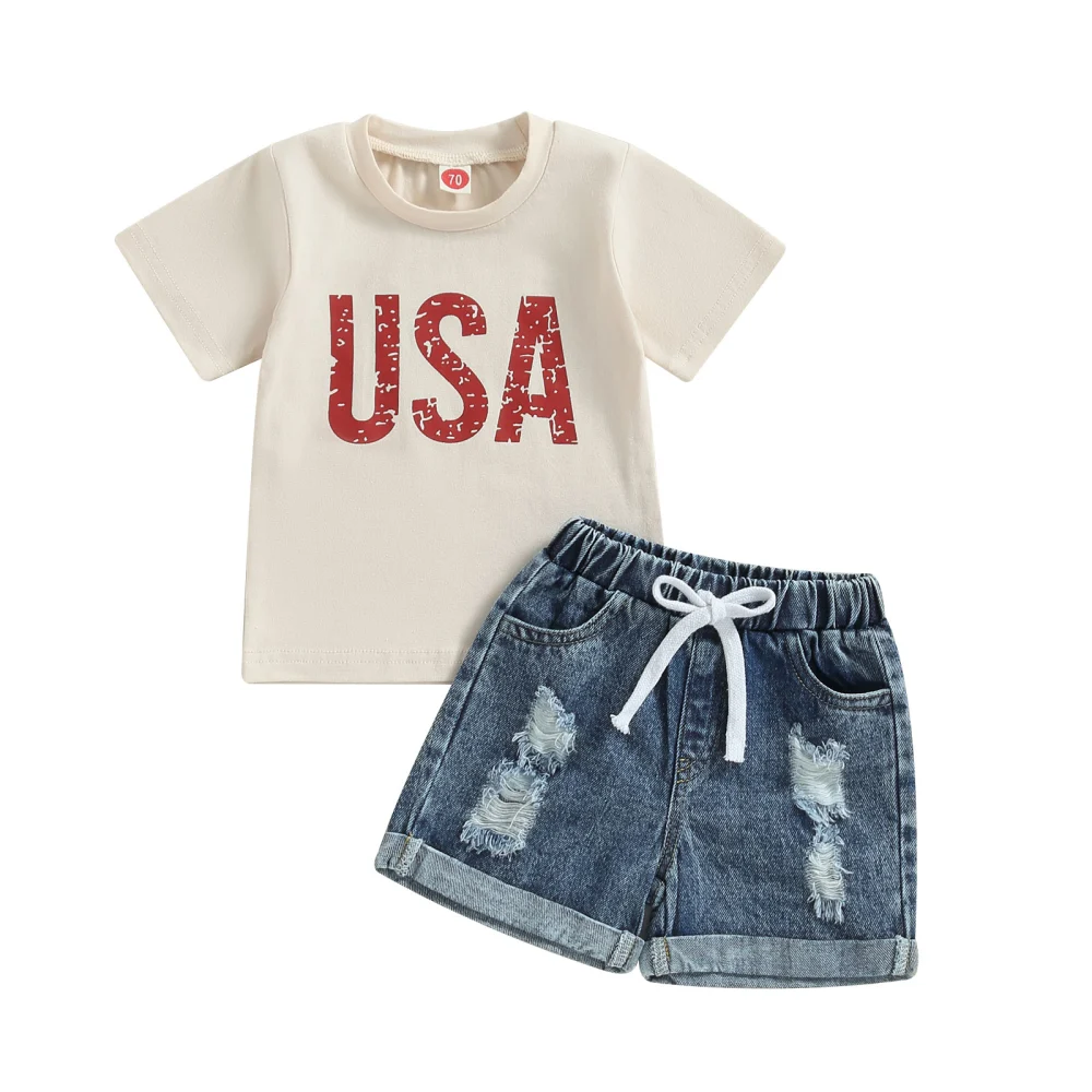 Toddler Girls Short Sleeve Letter Print Tops + Ripped Denim Shorts