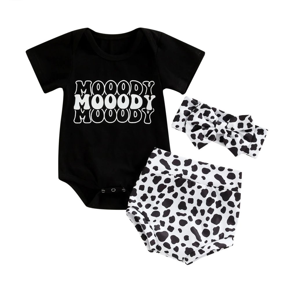 Infant Girls Short Sleeve Romper, Cow Print Shorts and Headdress