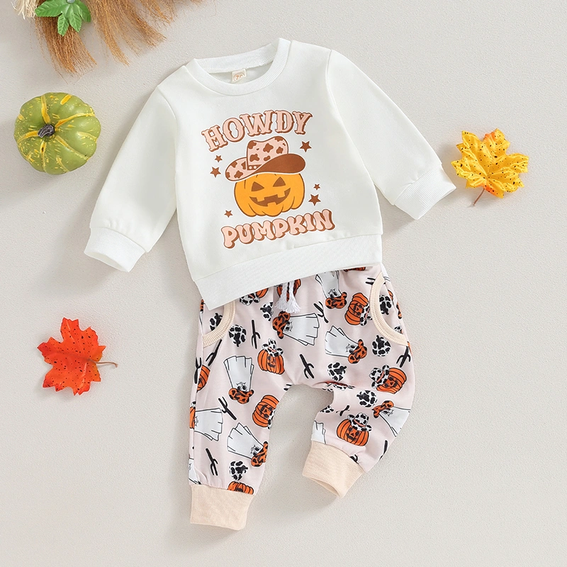 Toddler Girls Outfit Halloween Pumpkin Letter Sweatshirt and Pants