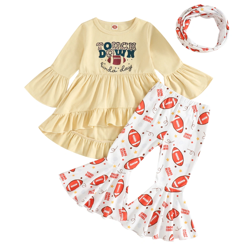 Girl 3Pcs Fall Outfits, Football Print Tops + Flare Pants + Scarf Set