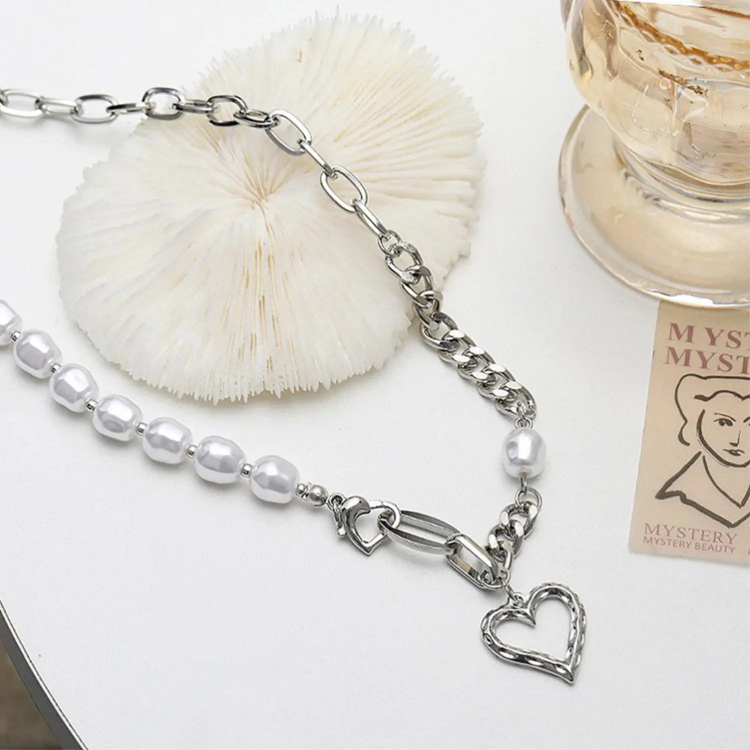 Ladies Necklace, Heart Pendant Faux Pearl Splicing Clavicle Chain 
