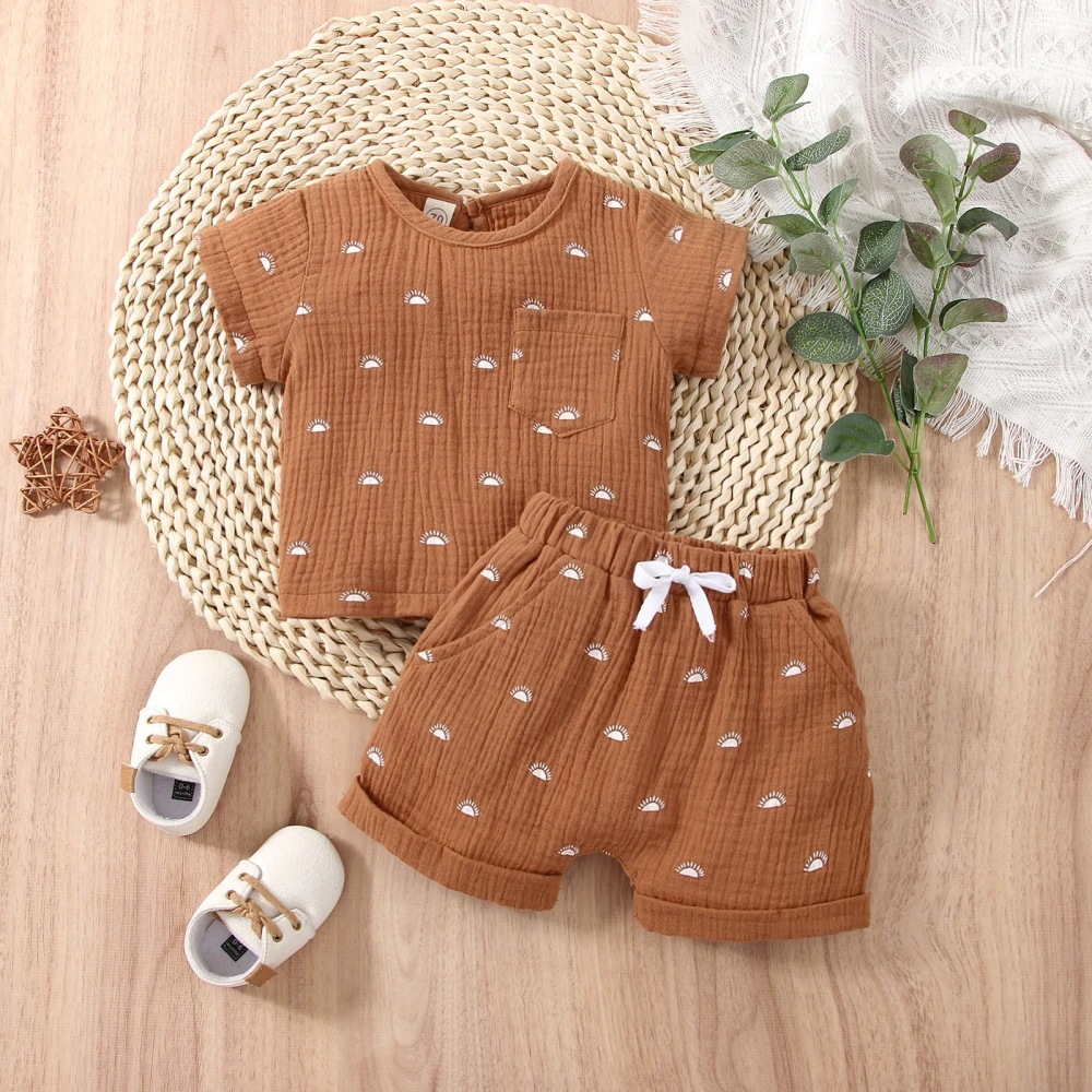 Sun Print Round Neck Short Sleeve T-shirt with Pocket + Shorts