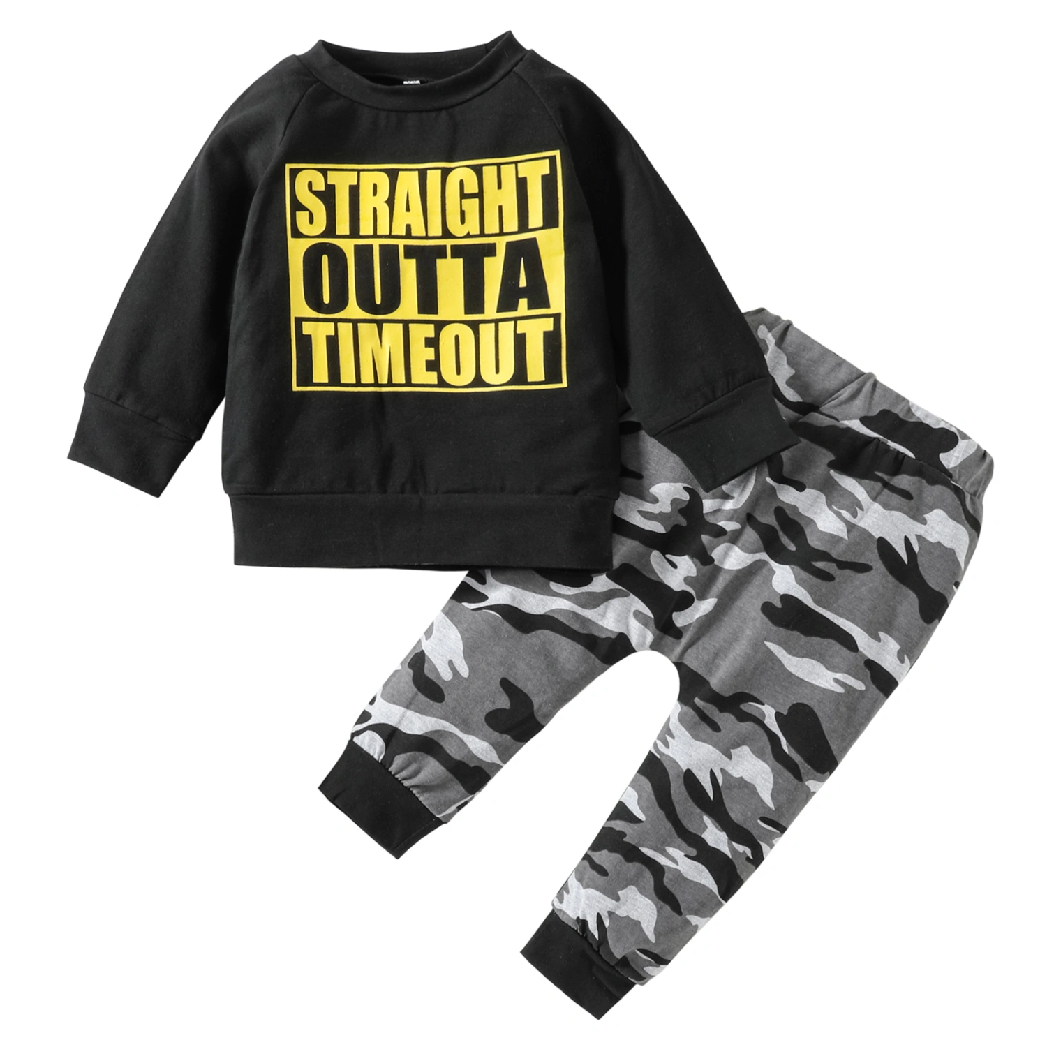 Baby Boys 2Pcs Fall Outfits, Letter Pullover Tops and Camouflage Pants