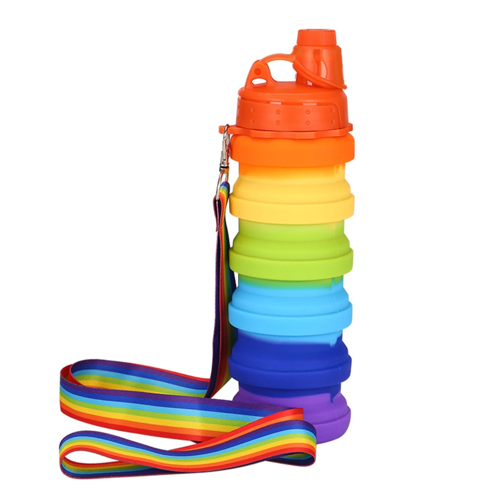 Water Bottle, Portable Folding Rainbow Stripe Water Cup with Lanyard