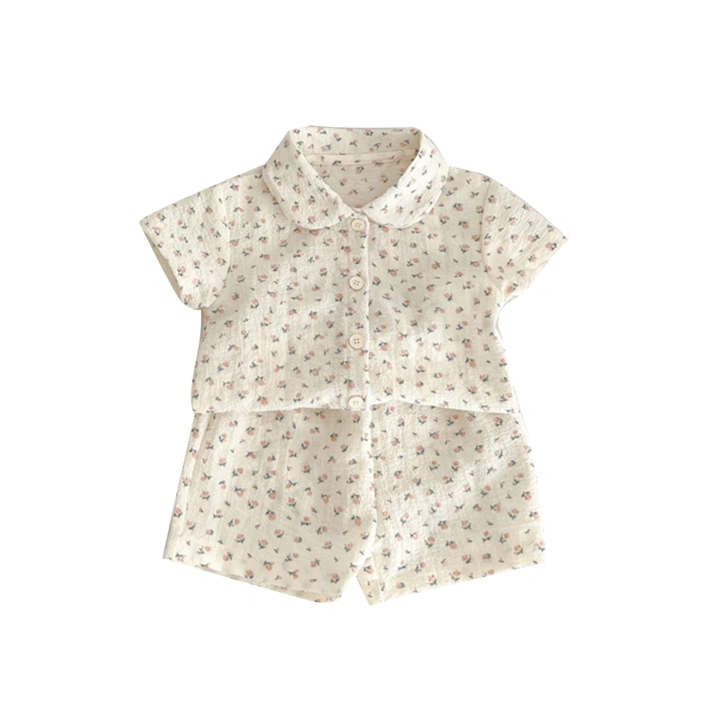 Girls Short Sleeve Turn Down Collar Button Shirt + Floral Shorts