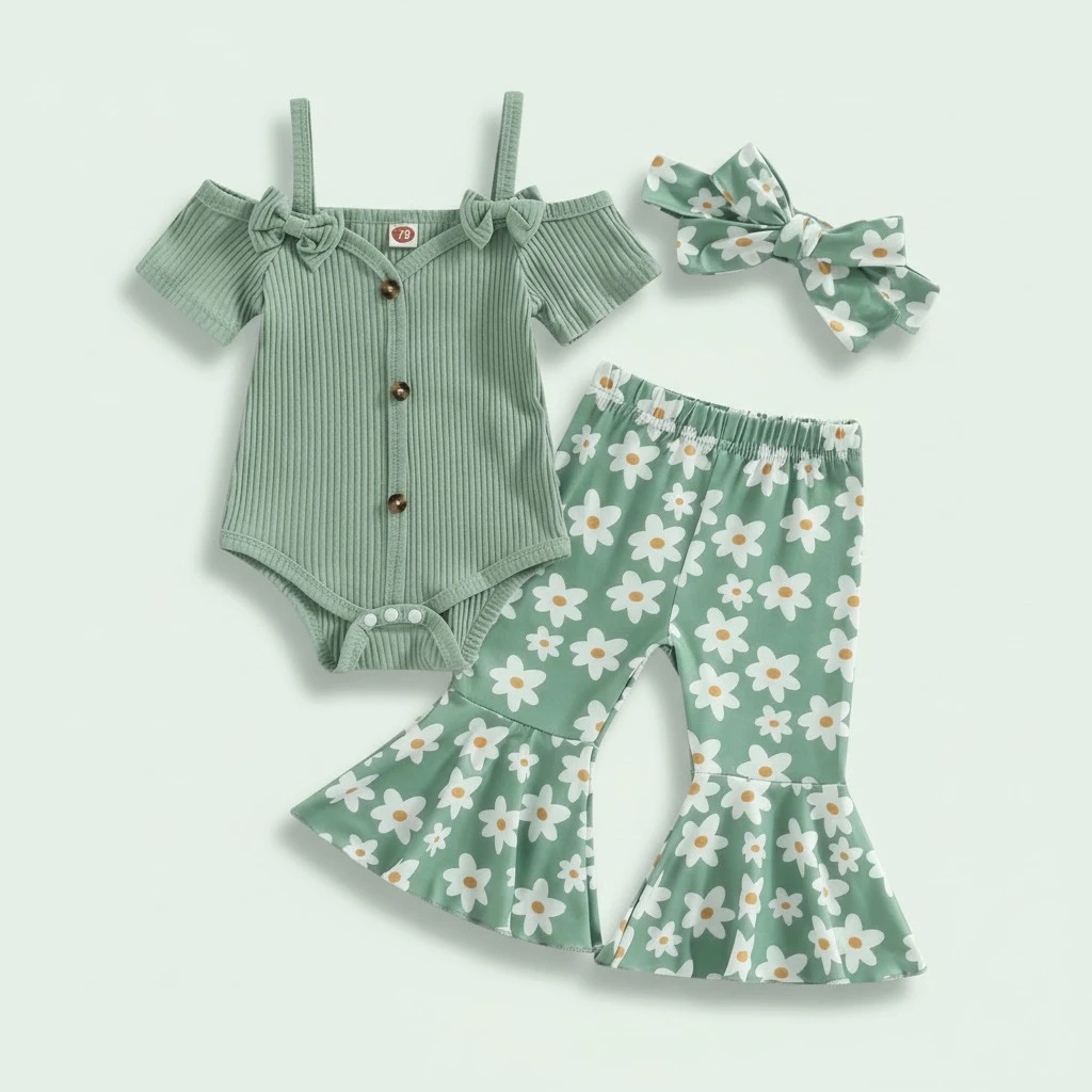 Infant Baby Girls Clothes Romper Flower/Rainbow Print Pants Headband