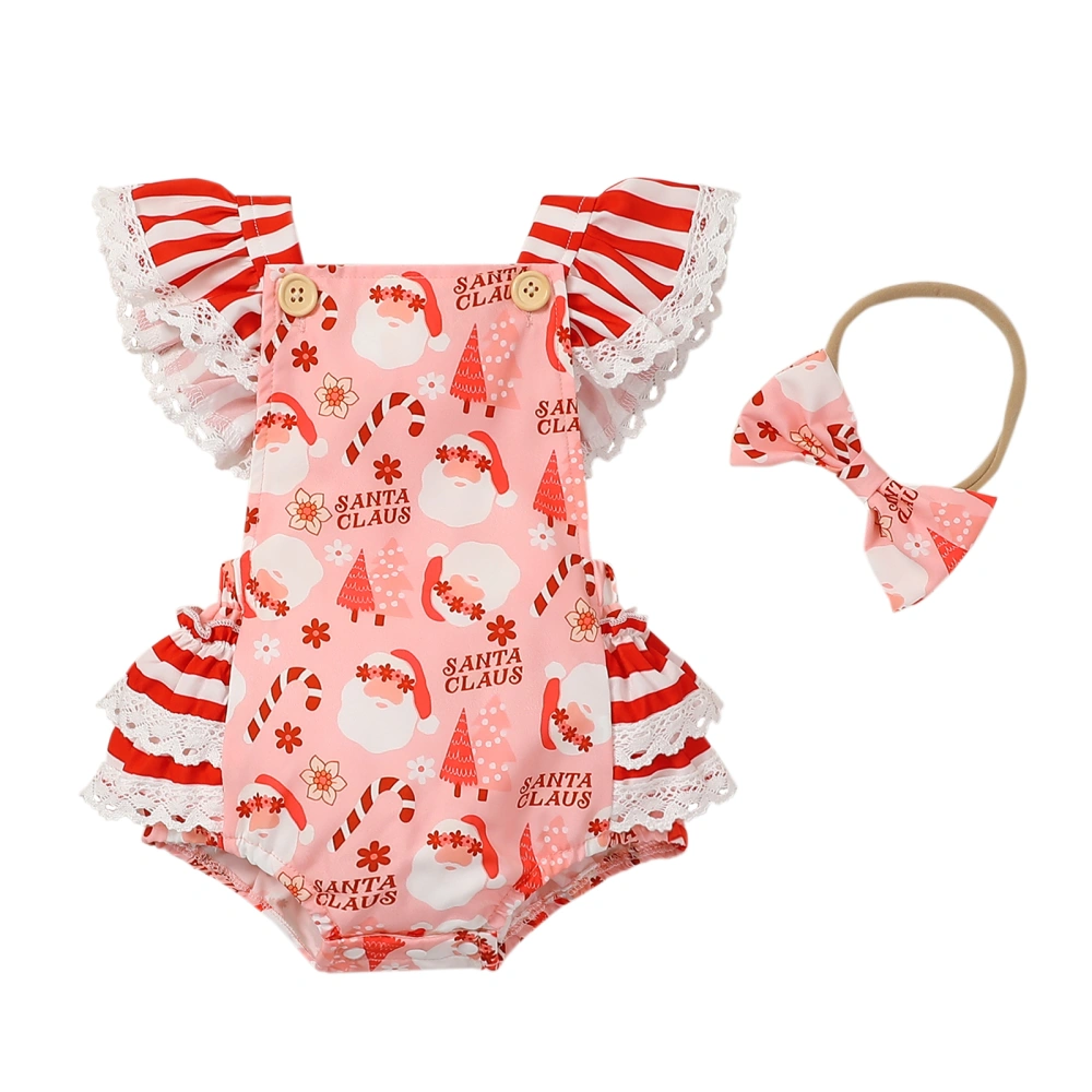 Girl Christmas Candy Cane Print Flying Sleeve Romper + Headband