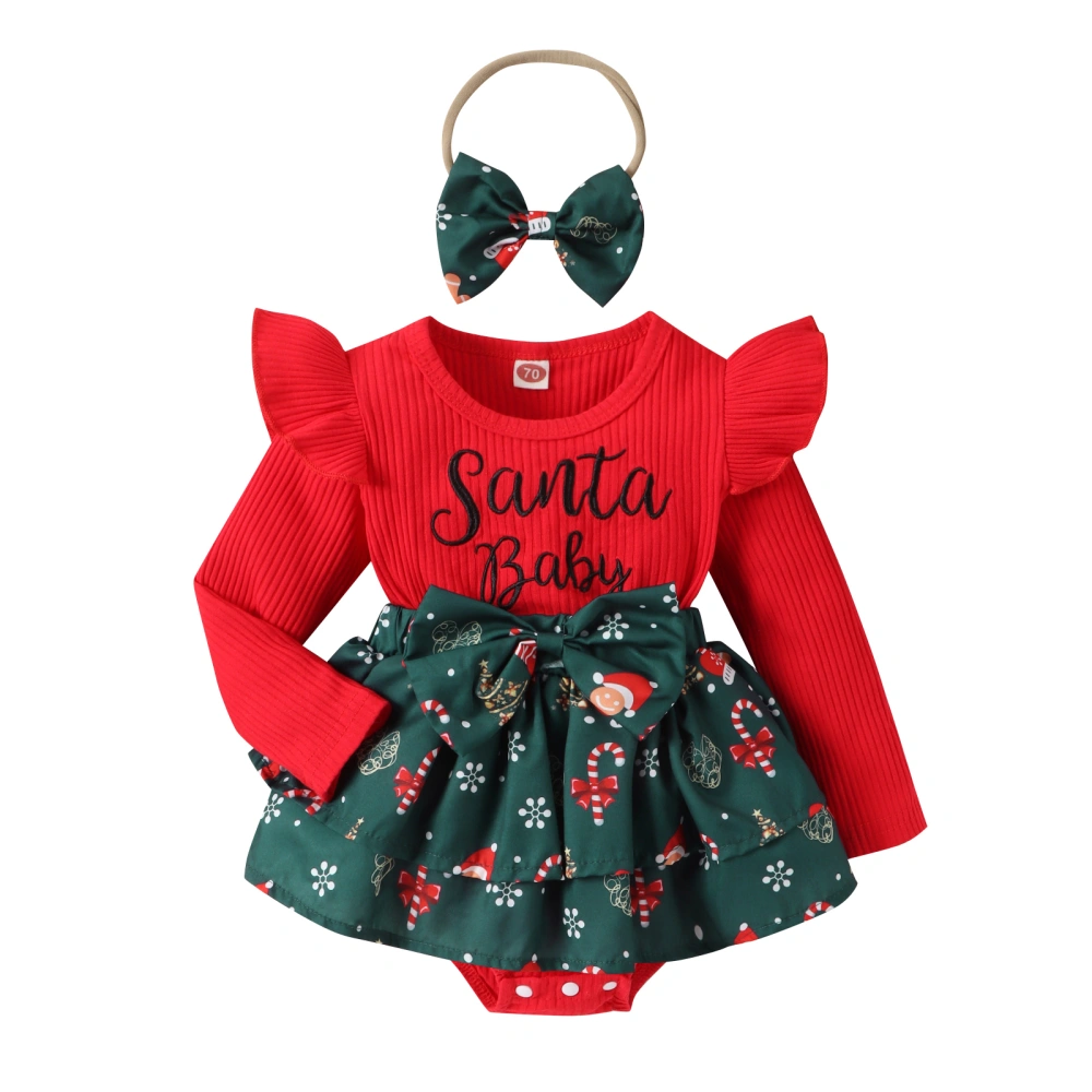 Baby Long Sleeve Letter Santa Hat Print Romper Dress with Headband