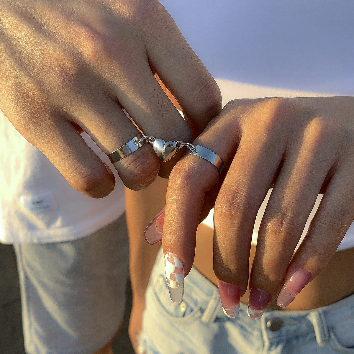 Couples Matching Rings Adjustable Opening Heart Magnetic Design Ring