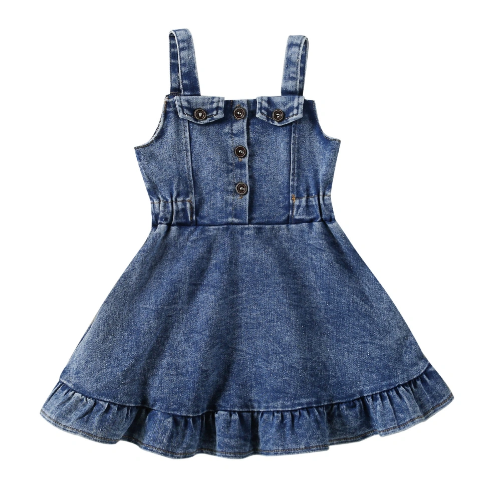 Girls Summer Denim Dress, Sleeveless Button Down Ruffle Tank Dress