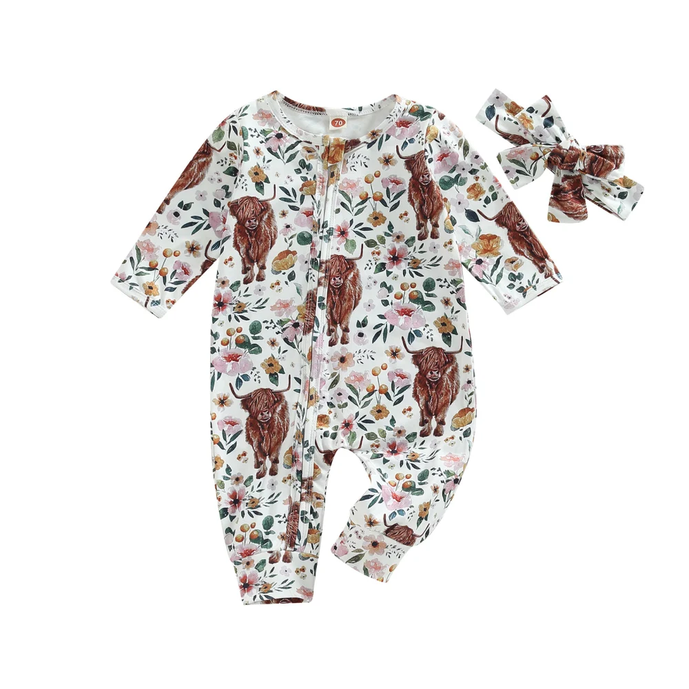 Baby Girls Long Sleeve Floral/Cattle Print Zipper Jumpsuit + Headband